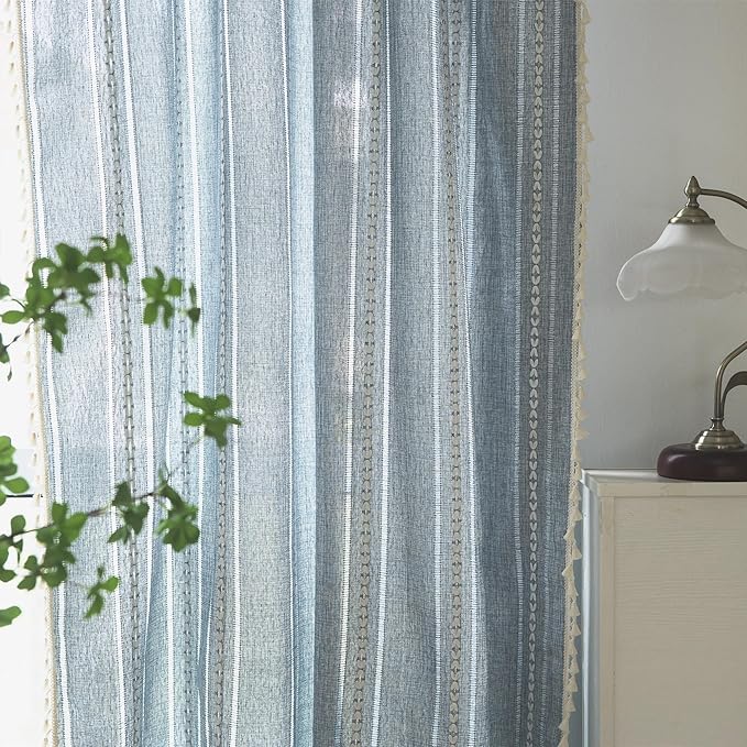 Deeprove Blue Boho Curtains 63 Inches Long for Bedroom Living Room Kitchen, Bohemian Embroidery Light Filter, Vintage Handmade Tassels Farmhouse Decor Drapery, Rod Pocket, 1 Panel W52 x L63