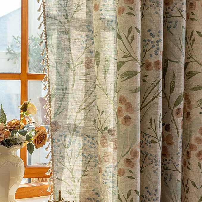 ENJOYBRIDAL Floral Curtains 96 Inches Bedroom Decor Drapes Semi Sheer Rod Pocket Living Room Long Window Curtain Panels Light Filtering Boho 2 Panels Tassel Vintage Window Treatments