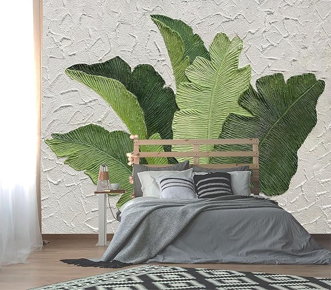 XMPMBM-Hand-Painted Banana Leaf Art Fabric Wallpaper Graffiti Green Leaf Living Room Bedroom Bathroom Wall Mural-W 176" X H 113"（138 Square Foot）