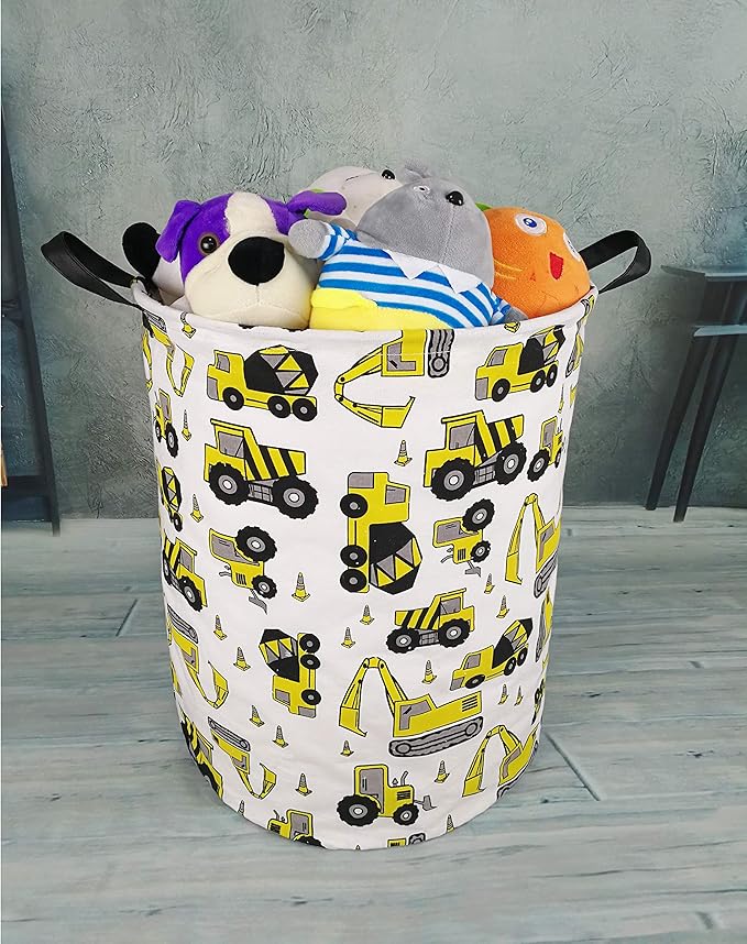 KUNRO Round Laundry Gift Basket Storage Hamper, Kids Toys and Clothes Storage Organizer Bins, Toy Shelf Basket with Handles for Room Decor (Excavator)