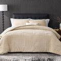 Amélie Home Queen Comforter Set with Stripe Jacquard Design in Khaki, Super Warm Fluffy Plush Bedding Set for Winter, 3 Pieces Including 1 Soft Comforter and 2 Pillowcases