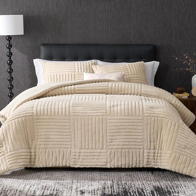 Amélie Home King Size Comforter Set with Stripe Jacquard Design, Khaki Fluffy King Bedding Set, Super Soft Plush Bedding Set for Winter,3 Pieces, 1 Soft Comforter and 2 Pillowcases