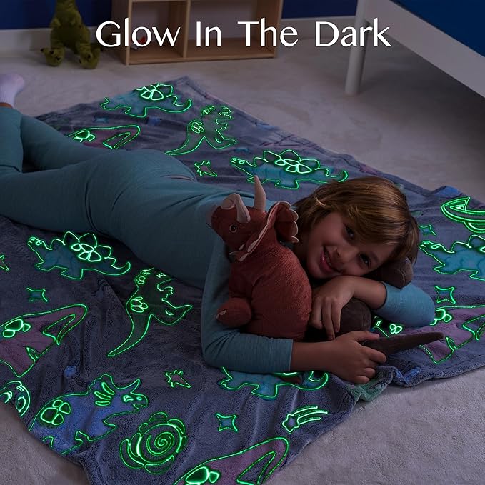 Joiedomi Glow in The Dark Blanket Dinosaur Toys for Kids 3-5 Dinosaur Gifts Toys for Age 2 3 4 5 6 7 8 9 10 11 12 Year Old, Soft Cozy Flannel Kids Throw Blanket, Birthday 50"×60"