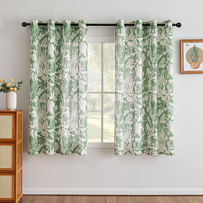MYSKY HOME Linen Tropical Curtains 63 Inch Length Semi Sheer Curtains Pattern Decorative Window Treatment Drapes Privacy with Light Through for Kitchen/Nursery/Bathroom, 52" Wide, Green, 2 Panels