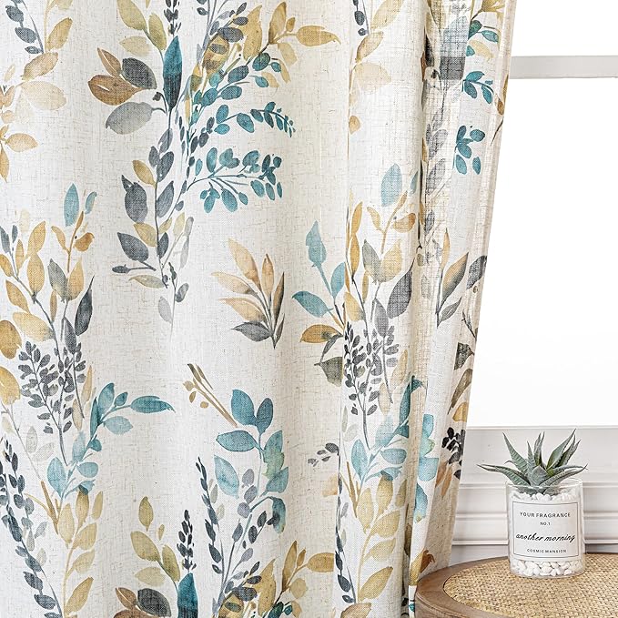MYSKY HOME 95 Inch Curtains Semi Sheer Linen Blended Window Curtain Panels for Living Room Light Filtering Privacy Protect Drapes Set Leaf Style Texture Soft Touch, 52" x 95", Yellow and Blue, 2 Pcs