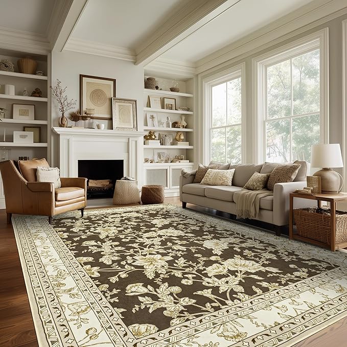 Brown Floral Print Area Rugs for Bedroom Living Room Boho Farmhouse Country Rustic Dining Room Carpet Soft Washable Rugs Non Slip Floor Covering for Nursery Playroom 7x9
