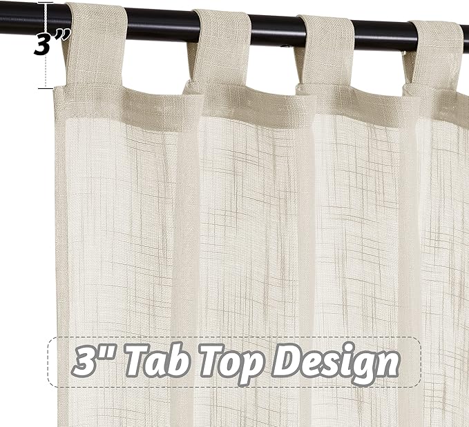 RYB HOME Sheer Curtains 96 inches Long, Linen Textured Semi Sheer Farmhouse Curtains Sunlight Filtering Airy Window Treatment for Bedroom Living Room, W 52 x L 96 inch, 2 Panels, Warm Beige