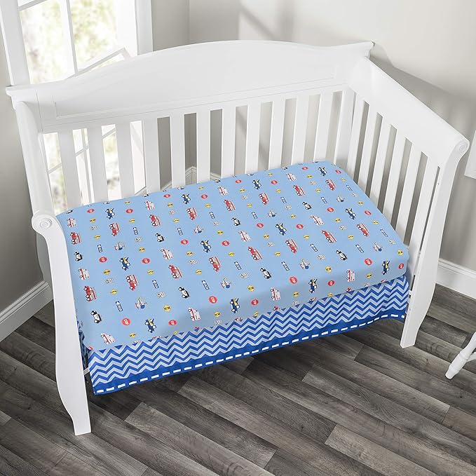 EVERYDAY KIDS 4 Piece Boys Crib Bedding Set - Little Rescuer - Includes Quilt, Fitted Sheet, Dust Ruffle and Diaper Stacker - Nursery Bedding Set - Baby Crib Bedding Set