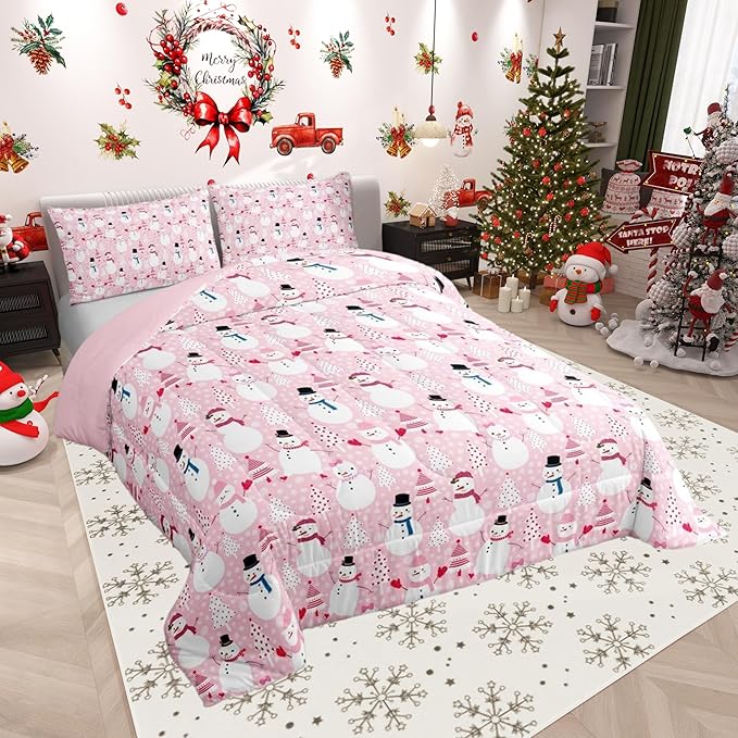 Castle Fairy Snowman Christmas Tree Comforter Set,Cartoon Pink Dreamy Bedding Set Kids Teens Modern Decor,Merry Christmas Comforter with 1 Pillowcase for All Seasons,Twin