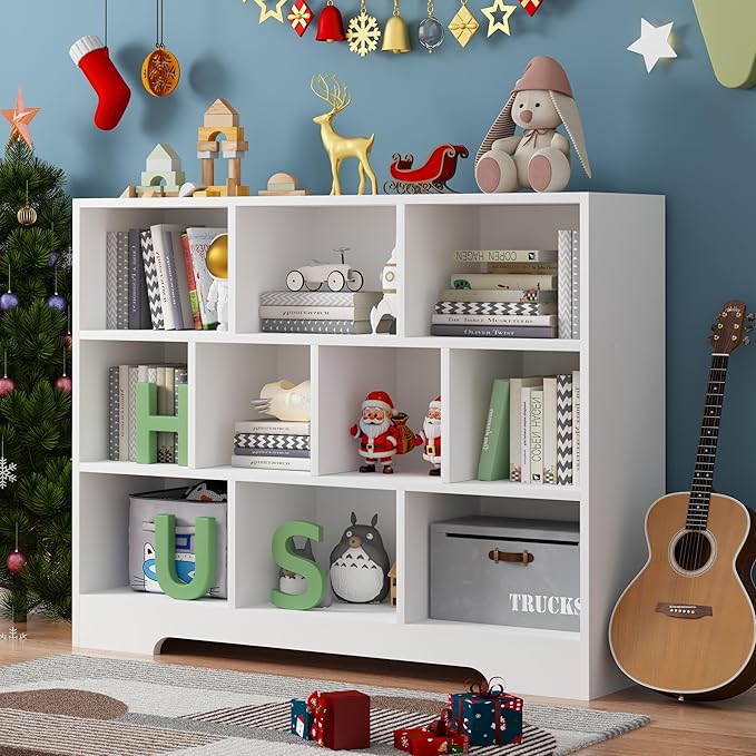 Kids Book Shelf Set of 2, 10 Cubes Storage Organizer Montessori Bookshelf, 3-Tier Wooden Kids Bookcase, Toy Storage Organizer for Children, White Toddler Bookshelf Cube Shelf for Kid’s Room