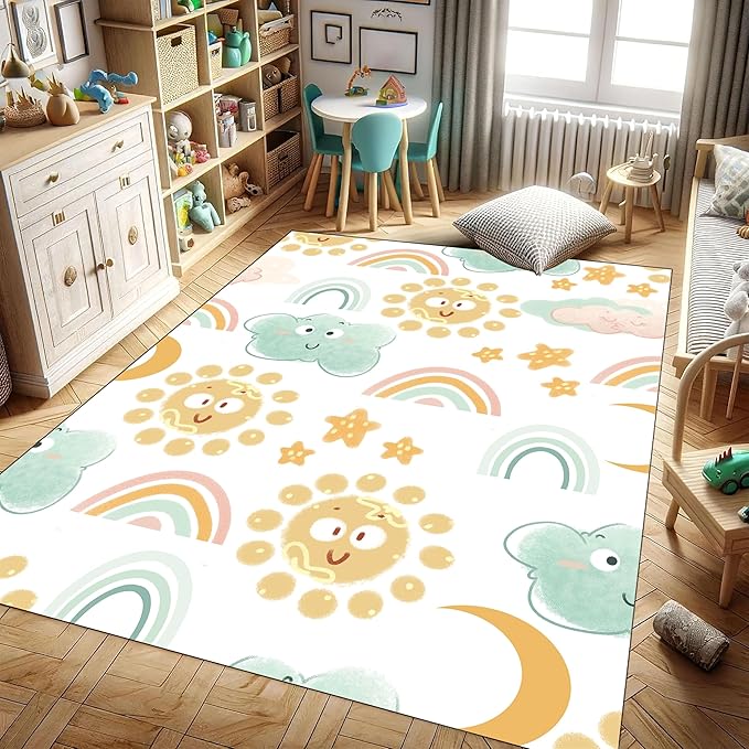Cute Fluffy Kids Rugs - Rainbow, Colorful Floor Mats - Soft, Washable, Non-Slip - Smiling Sun, White Cloud Patterns - Kids Room, Nursery Decoration - 4x5ft