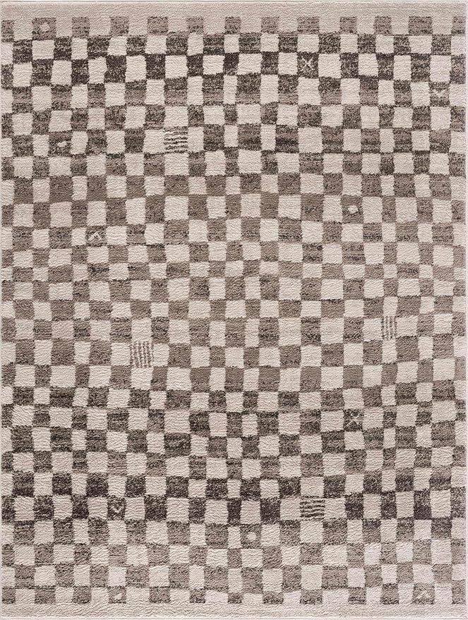 Hauteloom Benjy Living Room, Checkered Bedroom Area Rug - Farmhouse - Cream, Charcoal - 5'3" x 7'