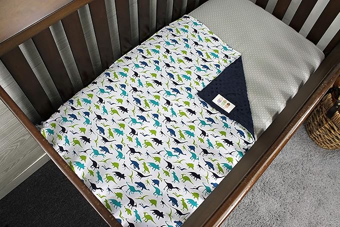 Baby Blanket - Blue and Green Dinosaurs on White with Navy Blue Minky Dot