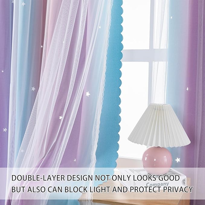XiDi Blackout Rainbow Curtains for Girls Bedroom Double Layer with Sheer Curtains Grommets Top Star Cutout Ombre Window Drapes for Living Room Kids Nursery 2 Panels 42x72 Inch Length, Pink Purle