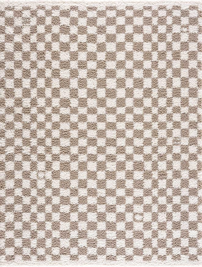 Hauteloom Kieu Contemporary Checkered Fluffy Shag Area Rug - Modern Geometric Soft Carpet Tiles for Living Room, Kids Room, Nursery - Gray, Taupe, White - 5'3" x 7'