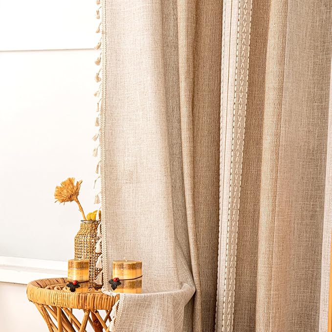 Deeprove Boho Curtains 84 Inches Long for Bedroom Living Room, Cotton Linen Stripes Embroidery Weighted, Bohemian Farmhouse Window Treatment Drape Tassels, 1 Panel W52 x L84, Khaki and Coffee