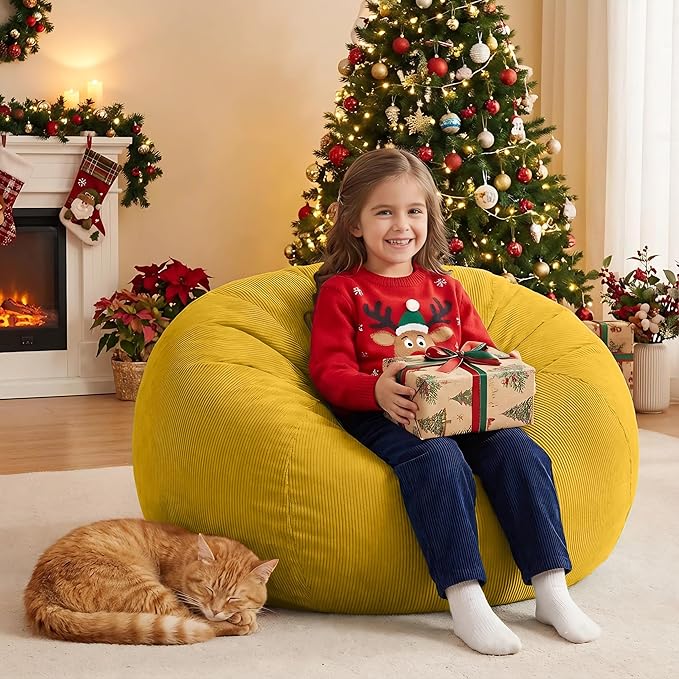 Nobildonna 3 ft Bean Bag Chair Cover (No Filler) 35"×43" Large Stuffed Animal Storage Bean Bag Washable Big Beanbag Chair Cover Premium Corduroy Stuffable Bean Bag Cover for Adults,Kids,Yellow 300L