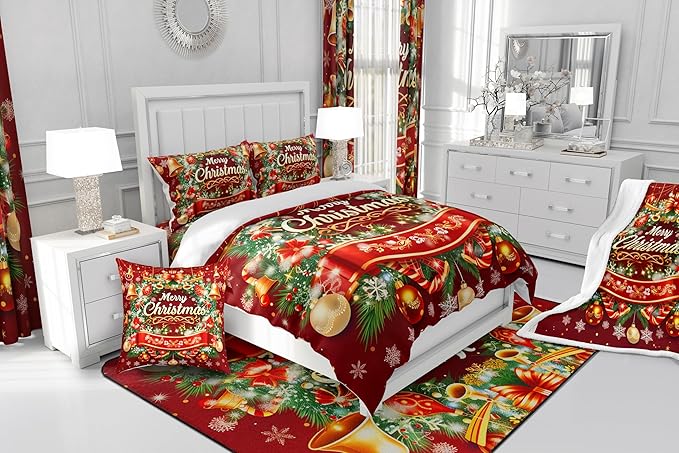 Merry Christmas Bedding Set - Full Size, Kids Boys Girls Room Decor - Christmas Wreath Snowflake Comforter Set, Red Xmas Ball Glitter Duvet Insert 3Pcs, Quilt Set, 2 Pillowcases