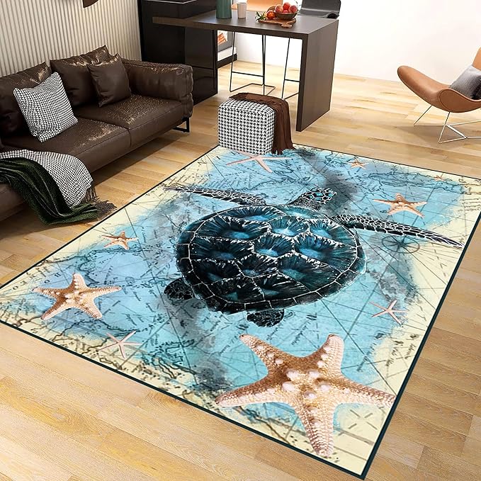Nautical World Map Area Rug, 4x5ft, Coastal Sea Turtle Starfish Children's Rugs, Blue Ocean Themed Washable Dirty Resistant Mat, Soft Cozy Thin Easy Clean Mat for Floor Living Room