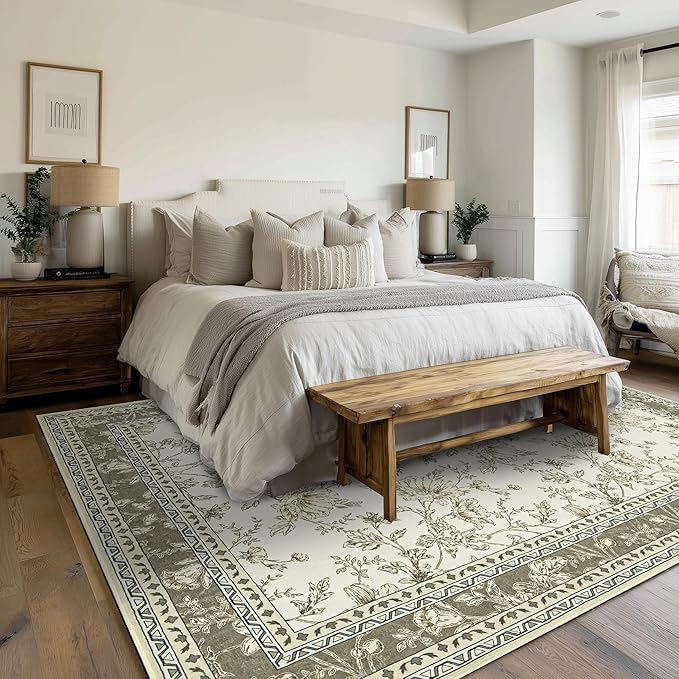 Farmhouse Beige Floral 8x10 Area Rugs for Living Room, Cream Tan Taupe Sketch Pattern Bedroom Rug Boho Low Pile Dining Room Washable Carpet 8x10, Vintage Soft Indoor Non-Slip Floor Covering Nursery