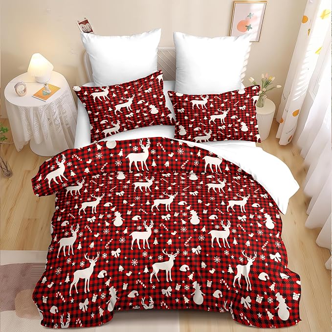 Christmas Duvet Cover Queen Size Red Gingham Christmas Bedding Set 3 Pcs Kids Boys Girls Xmas Black Plaid Bow Pattern Comforter Cover with Zipper Closure