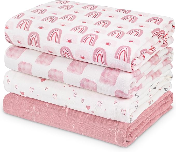 Muslin Swaddle Blankets for Newborn, 4 Pack Cotton Baby Blanket, Large 31.5 x 43.3 Breathable Soft Receiving Blankets Girl, Essentials Swaddle Wrap Burping Clothes, Pink Rainbow
