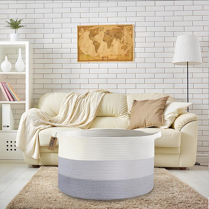 COMFY-HOMI XXXL Large Laundry Basket, Cotton Rope Nursery Woven Basket for Storage, Blanket Baskets Living Room Laundry Hamper, Dog Toy Storage Organizer, Home Decor-21''x21''x13.6''-White and Grey