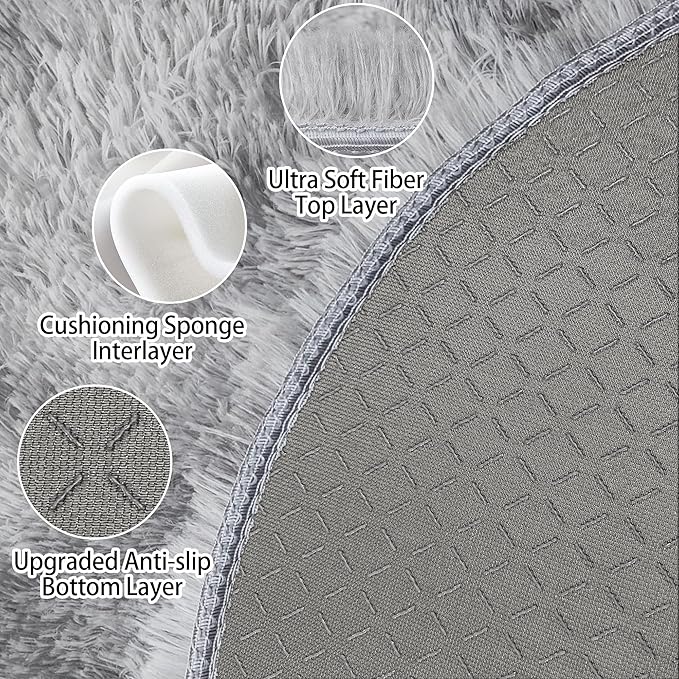 4 ft Round Fluffy Grey Rug for Bedroom,Tie Dyed Furry Round Carpet Non Slip Gray Fuzzy Shaggy Plush Circle Area Rug Rug for Living Room Room Nursery Room Playroom Kids Room Home Decor Washable