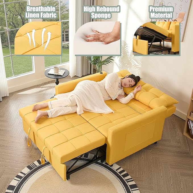 52" Sleeper Sofa with Pull-Out Bed, 3-in-1 Convertible Sofa Bed, Loveseat with Stepless Adjustable Backrest and Side Pocket, for Living Room Dorm Apartment, Linen, Yellow