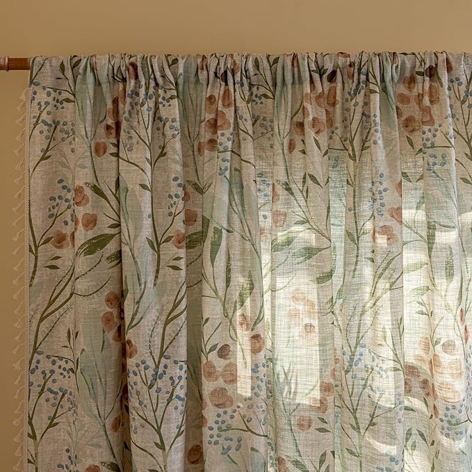 ENJOYBRIDAL Floral Curtains 96 Inches Bedroom Decor Drapes Semi Sheer Rod Pocket Living Room Long Window Curtain Panels Light Filtering Boho 2 Panels Tassel Vintage Window Treatments