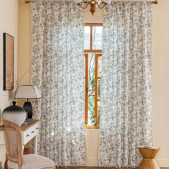 ENJOYBRIDAL Floral 63 Inch Curtains 2 Panel Set Boho Vintage Drapes for Bedroom Semi Sheer Living Room Short Window Curtain Panels Farmhouse Flower Print Rod Pocket Cute Window Treatments