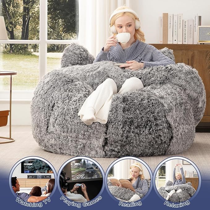 Bean Bag Chair for Adults Teens Giant Faux Fur Bean Bag Chairs with Filler Fluffy Plush Cat Shaped Beanbag Couch Comfy Accent Floor Sofa for Gaming, Reading in Living Room, Bedroom, Dorm