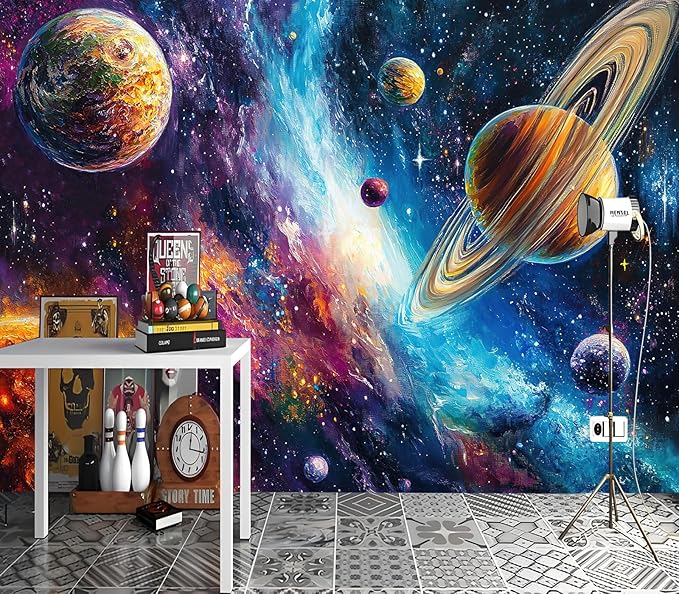 XMPMBM-Starry Sky Abstraction Art Graffiti Wallpaper Colorful Planets Nursery Room Boys Bedroom Bathroom Wall Mural- W 154" X H 105"（112 Square Foot）