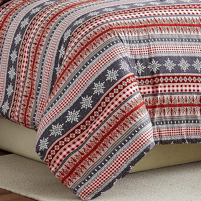 Southshore Fine Living, Inc. Christmas Comforter Set, Twin Size Holiday Bedding Set 5-Piece Cute & Cozy Comforter w/Throw Pillows & Shams, Twin/Twin XL Reversible Red Checkered Over Snowflake Print