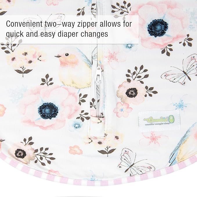 Woombie Original Baby Swaddling Blanket - Self-Soothing, Cotton Baby Swaddle with Zipper - Wearable Newborn Blanket, Birdie Front/Stripes Back, 14-19 lbs