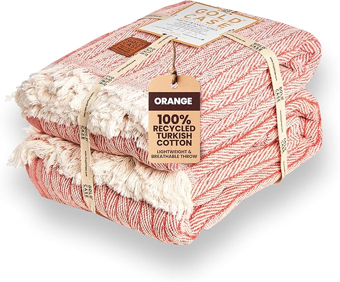 Gold Case Throw Blanket for Couch - 100% Recycled Turkish Cotton Blankets & Throws - Vintage Soft Throw Blankets for Living Room - Boho Decorative Woven Couch Blanket - 50x60 - Orange (Set of 2)