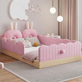 Twin Size Upholstered Platform Bed with Safety Guardrail and Cute Rabbit Ear Shaped Pillows, Velvet Fabric Montessori Kids Floor Bed with Pocket and Sturdy Slats Support (Pink-9.25)