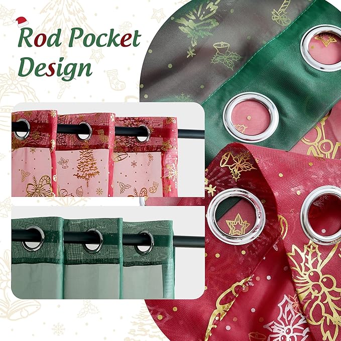 NICETOWN Christmas Curtain Set - 2 Green Sheer (W29 x L63) & 2 Gold Foil Printed Panels(W40 x L63), Grommet Festive Window Decor for Holiday Season
