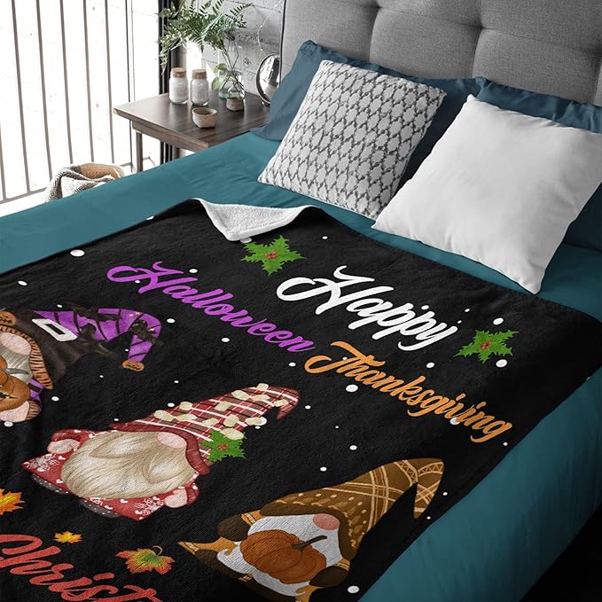 Thuswarm Happy Halloween Thanksgiving Christmas Flannel Throw Blanket Soft Warm Gnomes Print Blankets for Bed Couch Sofa Room Decoration Gifts 40”×30” XSmall for Pets