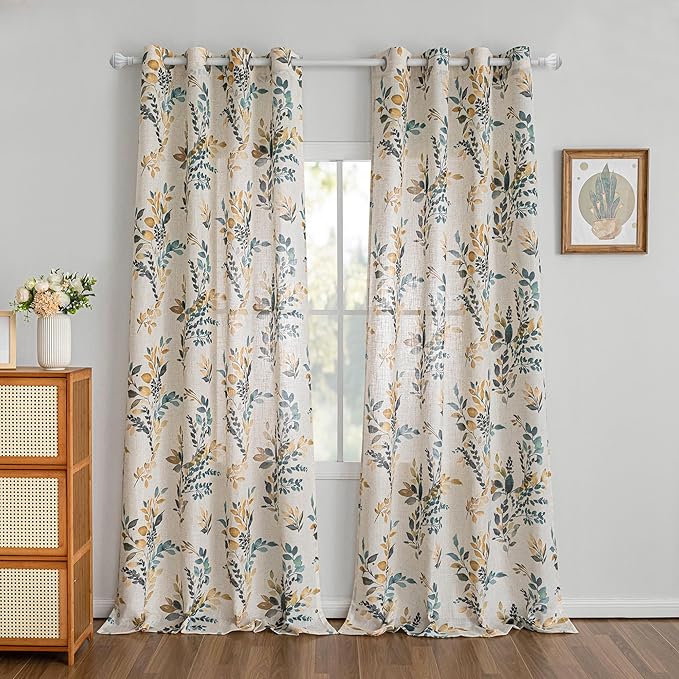 MYSKY HOME 95 Inch Curtains Semi Sheer Linen Blended Window Curtain Panels for Living Room Light Filtering Privacy Protect Drapes Set Leaf Style Texture Soft Touch, 52" x 95", Yellow and Blue, 2 Pcs