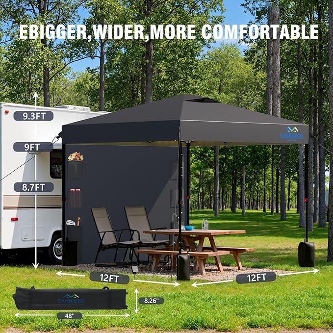 12X12 Pop Up Canopy Tent,Removable Pockets Sidewall for Extra Storage,Easy Up Canopy,Heavy Duty One Person Set Up Event Tent,Grey