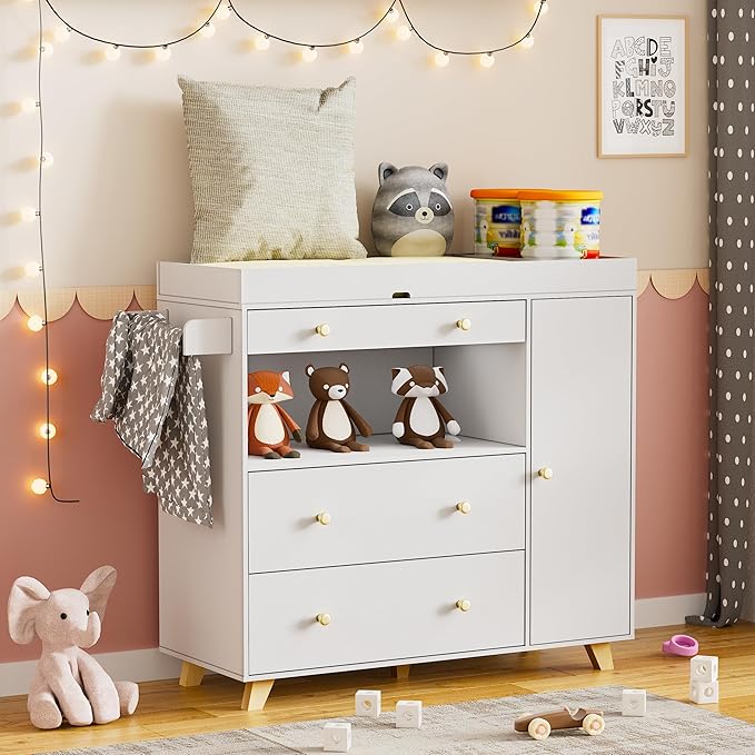 PAKASEPT Nursery Dresser with Baby Changing Table, Modern Diaper Changing Station, Dresser for Nursery with 2 Drawers & Shelves, Storage Crib with Changing Table, White