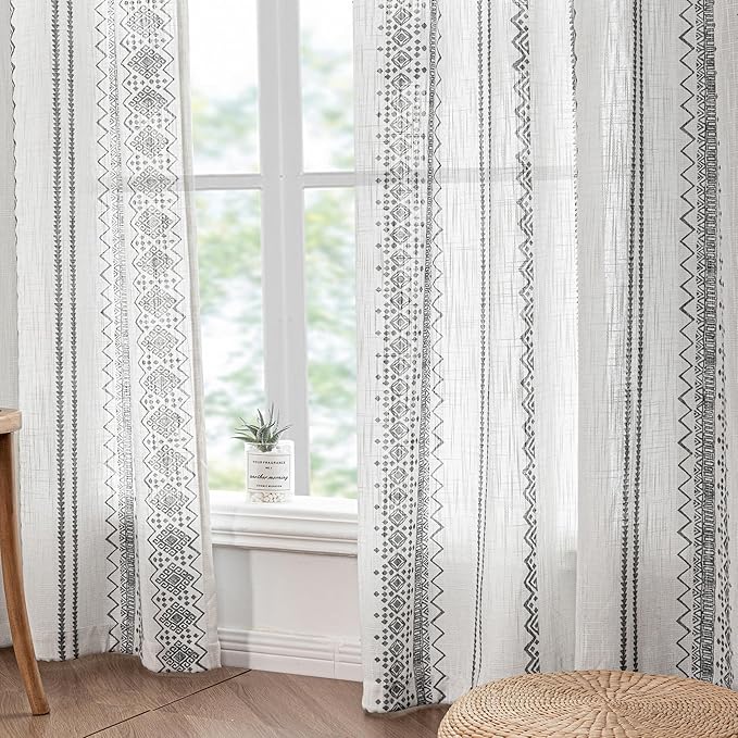 MEETSKY Curtains 63 Inches Long for Living Room Geometric Light Filtering Cotton Back Tab Curtains 2 Panels Printed Semi-Sheer Window Drapes Home Decorative Rod Pocket Drapes for Bedroom