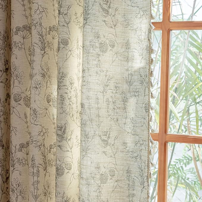 ENJOYBRIDAL Floral 96 Inch Curtains Vintage 2 Panels Drapes Rod Pocket Semi Sheer Rustic Long Window Curtain Panels Bedroom Boho Tassel Living Room Farmhouse Botanical Window Treatments