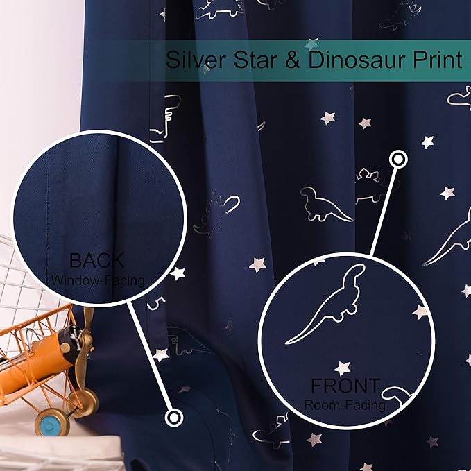 LORDTEX Dinosaur and Star Foil Print Blackout Curtains for Kids Room - Thermal Insulated Curtains Noise Reducing Window Drapes for Boys and Girls Bedroom, 52 x 108 Inch, Navy, Set of 2 Panels