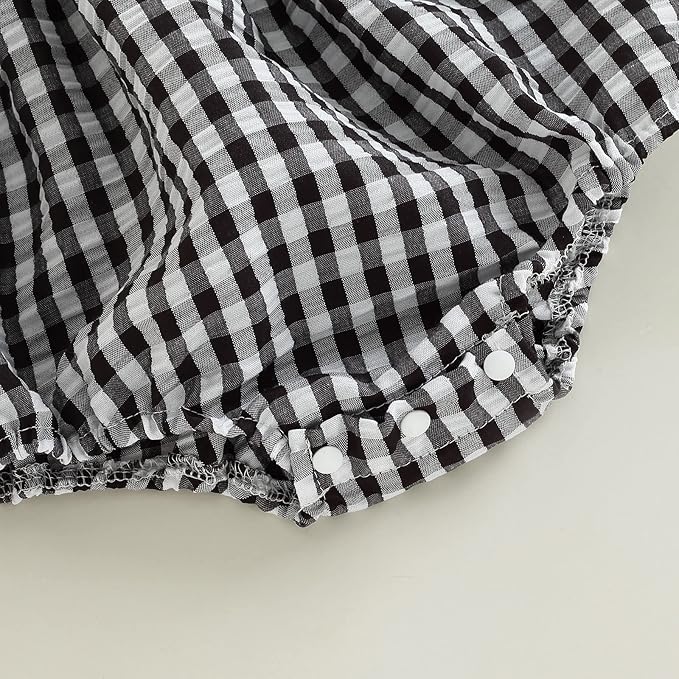 Karuedoo Newborn Baby Girl Clothes Gingham Plaid Bubble Romper Long Sleeve Ruffle Bodysuit with Headband Spring Fall Outfit