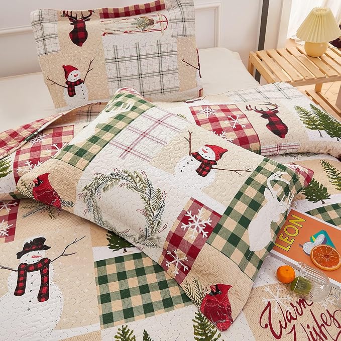 Christmas Quilt Set King Size Christmas Bedding Reversible Quilt Rustic Lodge Moose Buffalo Red Plaid Patchwork Bedding Holiday Xmas Home Decor Lightweight Quilt Bedspread Coverlet