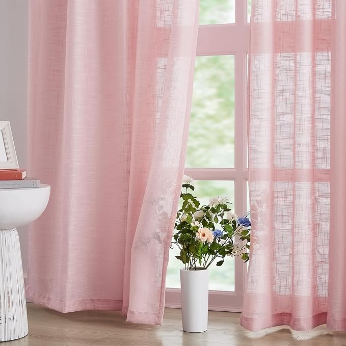 FMFUNCTEX Linen Semi Sheer Pink Curtains for Bedroom Living Room, Blush Pink Curtain Panels 63 Inch Length Sheer Linen Textured Window Drapes Farmhouse Light Filtering 2 Panels Rod Pocket