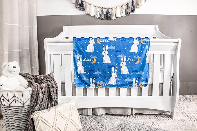 Top Tots Deluxe Minky Baby Blanket - Nighttime Bunnies, 40 x 29 Inch White