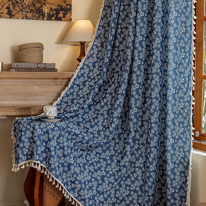 ENJOYBRIDAL White Floral Curtains 84 Inch Long Semi Sheer Navy Blue Drapes Decor Farmhouse Bedroom Tassel Window Curtains 2 Panel Sets Boho Rod Pocket Living Room Aesthetic Window Treatments